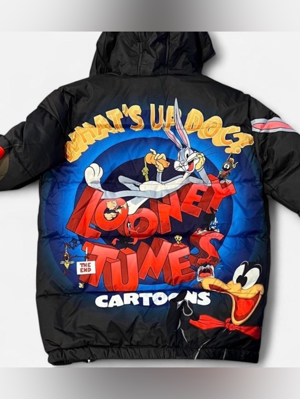 NWT Members Only Black Puffer Jacket with Yellow, White and Red Looney Tunes Art - Picture 2 of 7